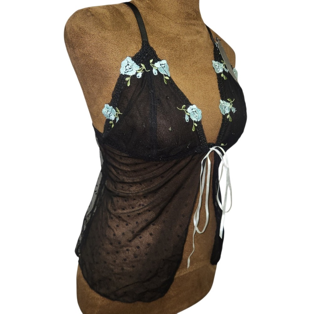 Donna Loren Camisole Top Black Lingerie Size L Lace Blue Floral Ribbon Tie New
